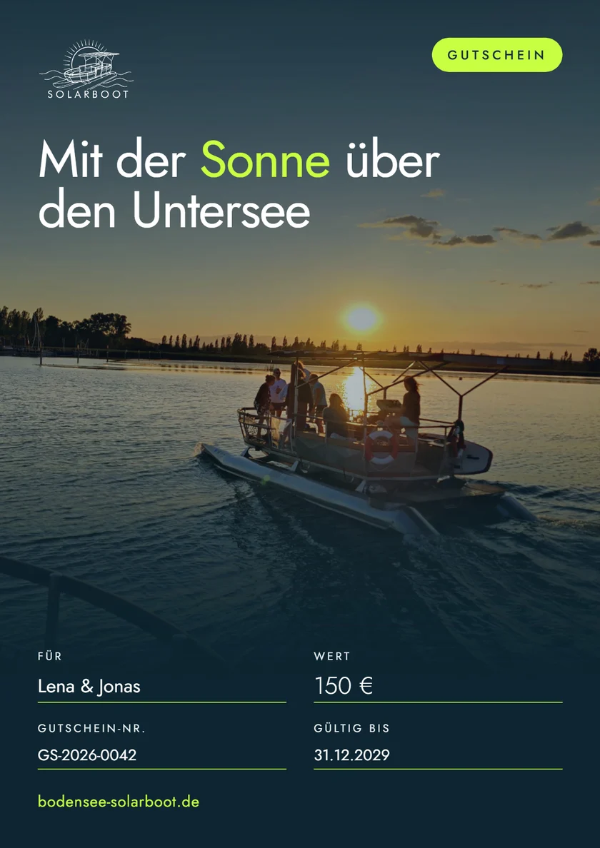 Beispiel eines Gutscheins: Foto des Solarboots im Sonnenuntergang, darunter Name, Wert, Gutscheinnummer und Gültigkeit